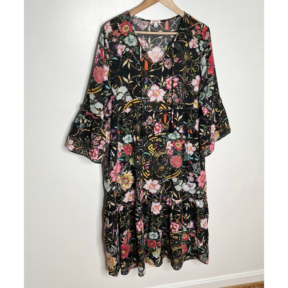 Johnny Was Womens Peace Ruffle Tiered Dress Medium Black Floral V Neck Boho - Picture 5 of 12